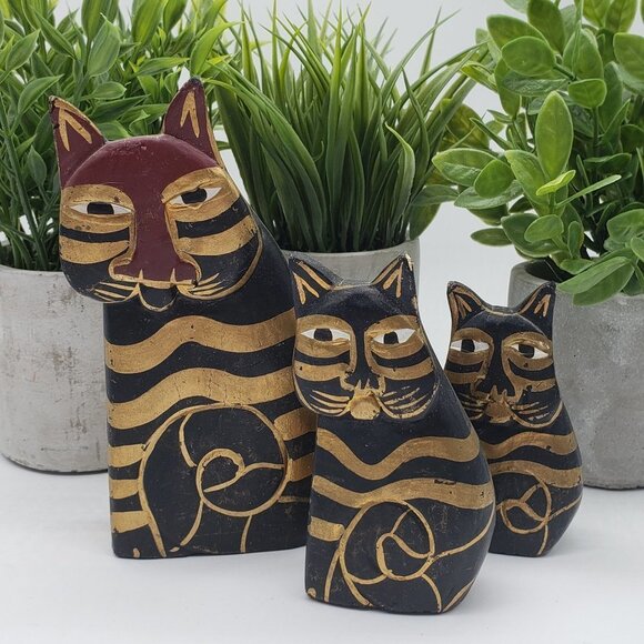 LAUREL Burch Trio Cat Hand Painted Black Gold Wooden Folk Art Figurines - Picture 9 of 9